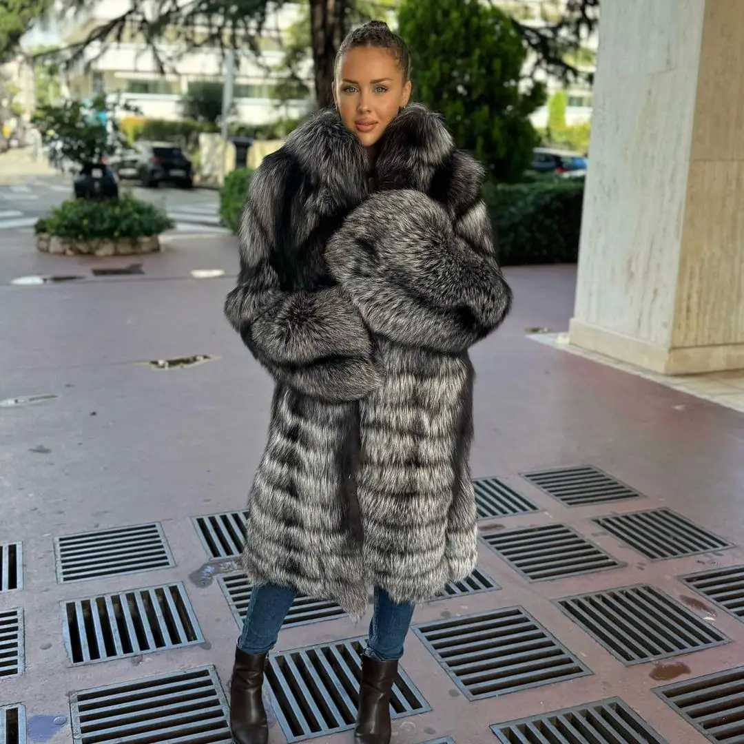 Длинное пальто из натурального серебряного лисьего меха 100 см с