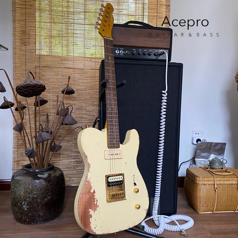 

Acepro Relic Cream Yellow Color Handmade Aged Electric Guitar Gold Hardware Abalone Inlays High Quality Guitarra Free Shipping