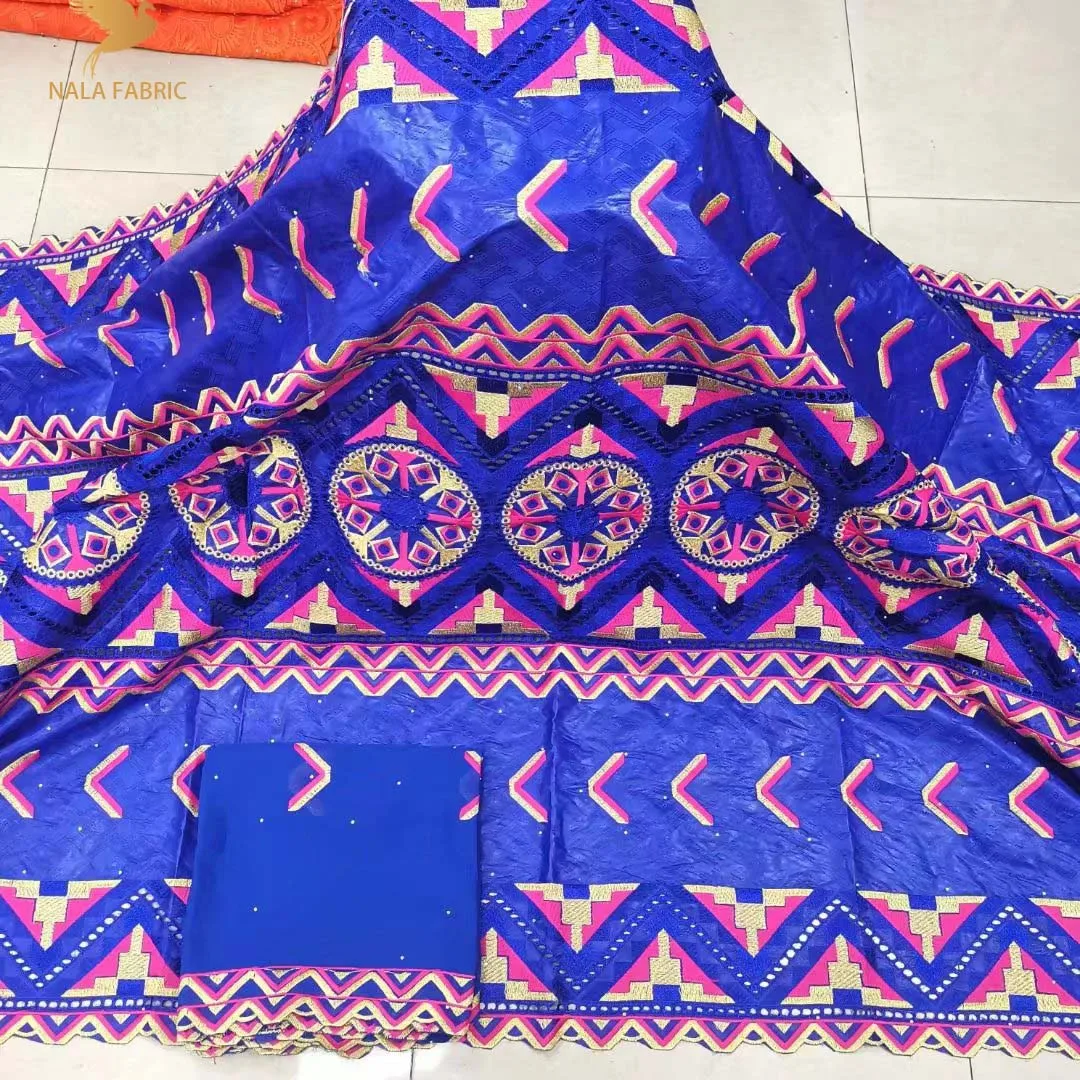 

KL102B Rich With Borde Lace Royal Blue Bazin Brode 5+2 Yards Dubai 2022 Latest African Bazin Fabric For Nigerian Wedding Dress