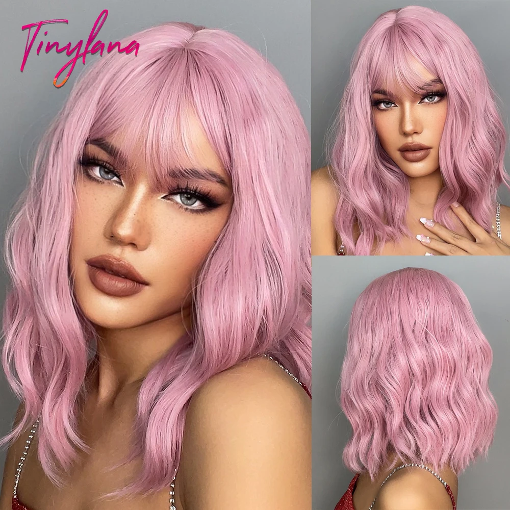 TINY LANA-Peluca de cabello sintético para mujeres blancas, cabellera artificial con flequillo, color rosa claro, estilo Bob corto, resistente al calor, para fiesta de Cosplay