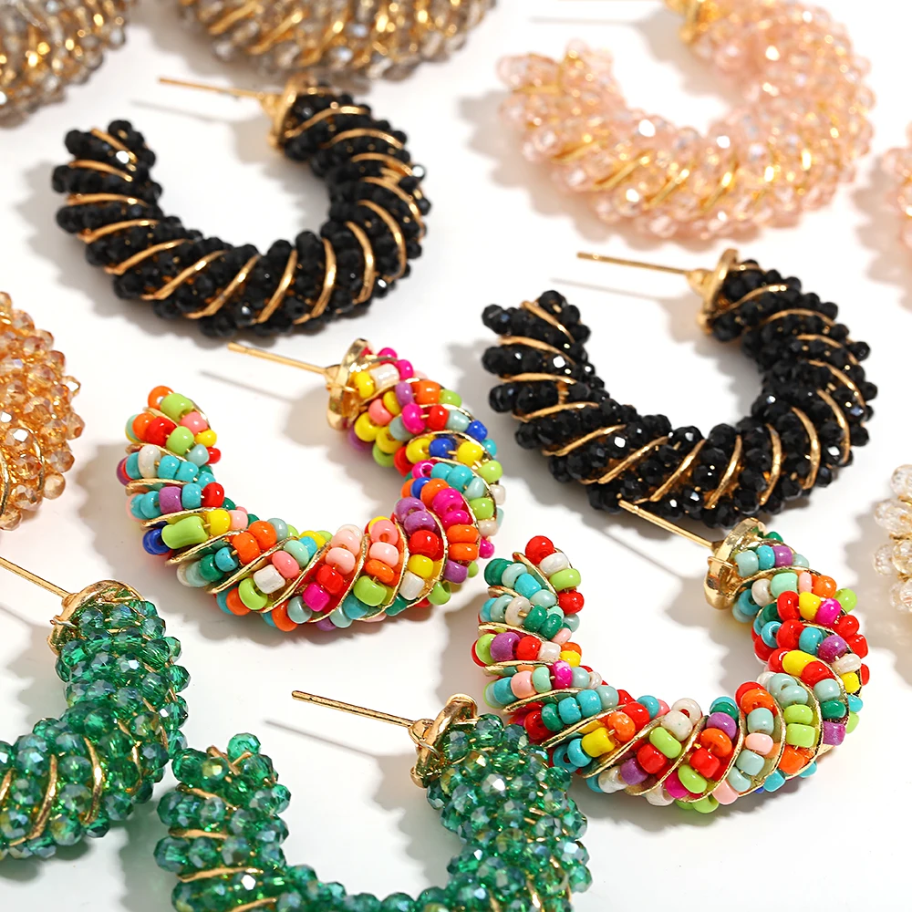 

Bohemia Colorful Seed Bead Hoop Earrings Candy Color Crystal Beaded Twist Dangle Earrings Women's Rainbow Swirl C-Shape Earring