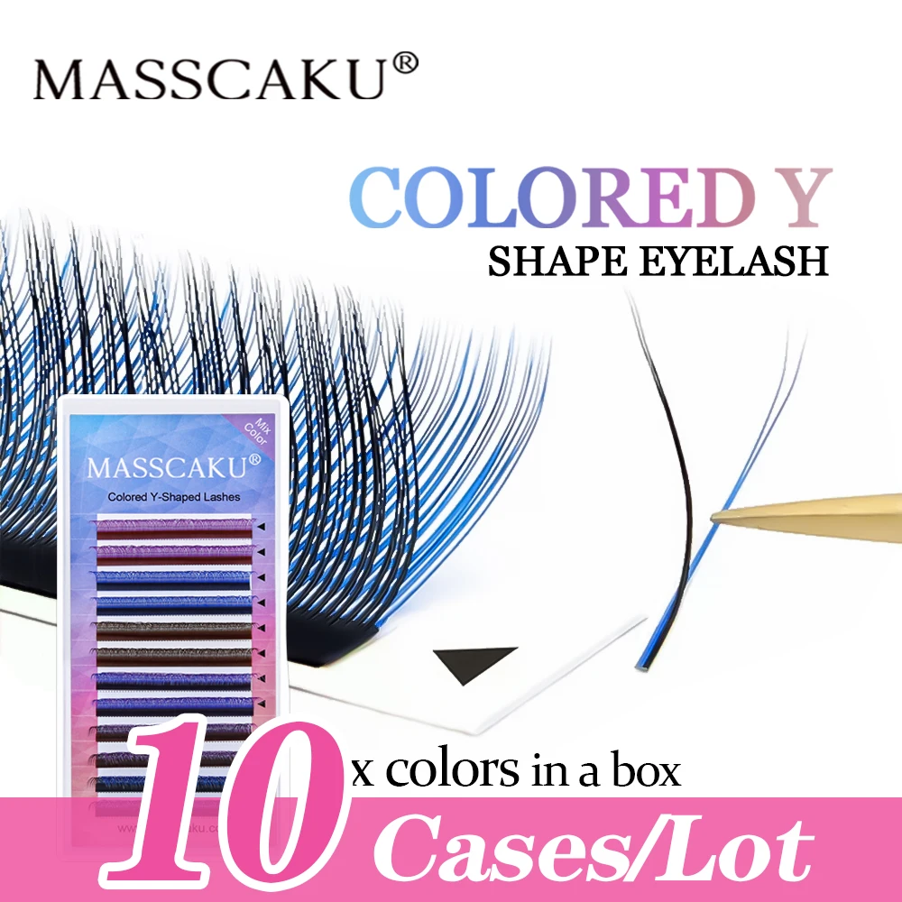 

10case/lot MASSCAKU 12 Rows 8-15mm Rainbow W Style Natural Soft Eyelash Extensions Blue Purple YY Shape Lashes Faux Mink Eyelash