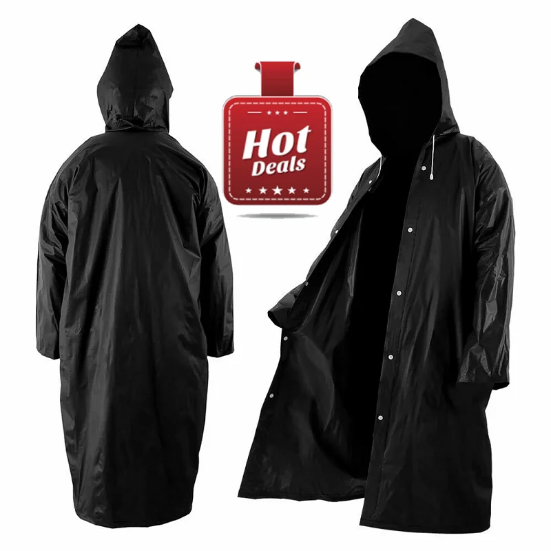 

EVA Black Fashion Adult Waterproof Long Raincoat Women Men's Raincoat Hooded Outdoor Hiking Fishing Mountaineering Thickening