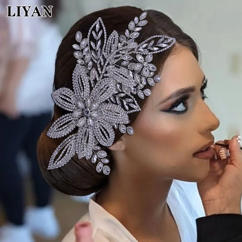 

LIYAN Luxury Tiaras Pageant Fashion Rhinestone Crowns Wedding Hair Piece Bridal Headpieces Handmade Flower Headwear Crown