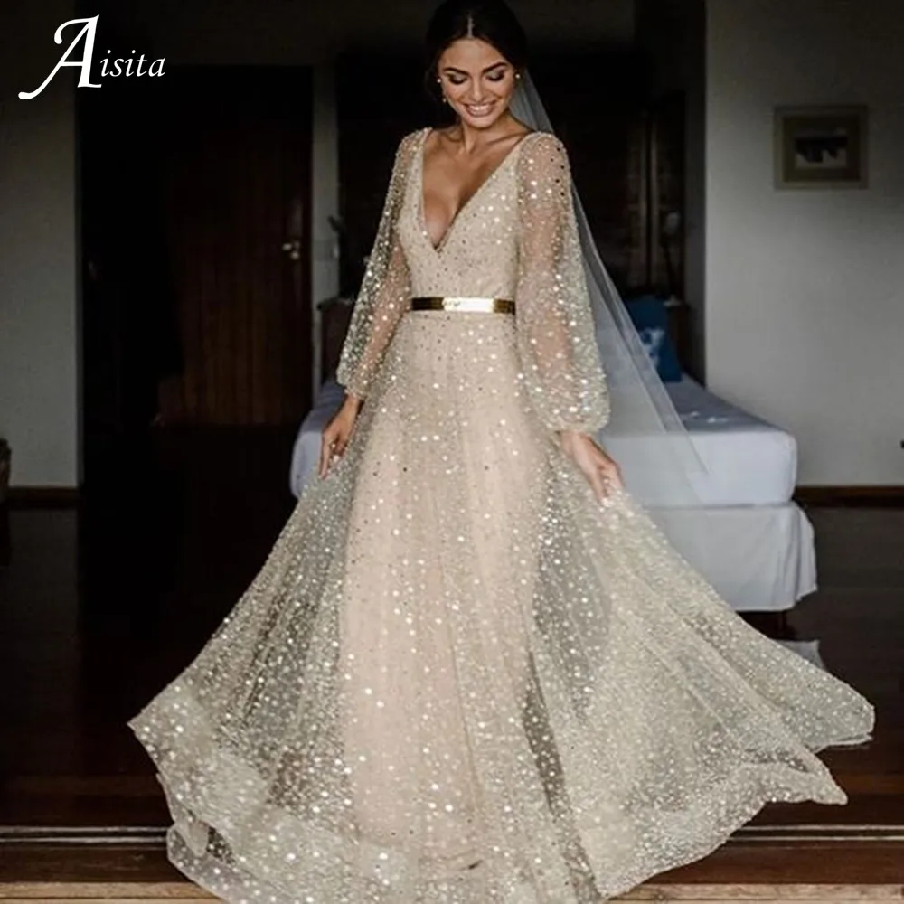 

Shiny Beach Wedding Dress 2022 For Women Glitter Two-piece Bridal Gowns With Belt Bride Dresses vestidos de novia