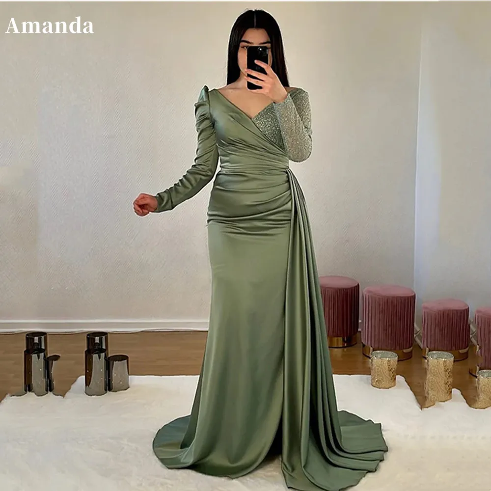 

Женское атласное платье-Русалка Amanda, пикантное шелковое платье с пышными рукавами, блестящее рождественское платье зеленого цвета для выпускного вечера