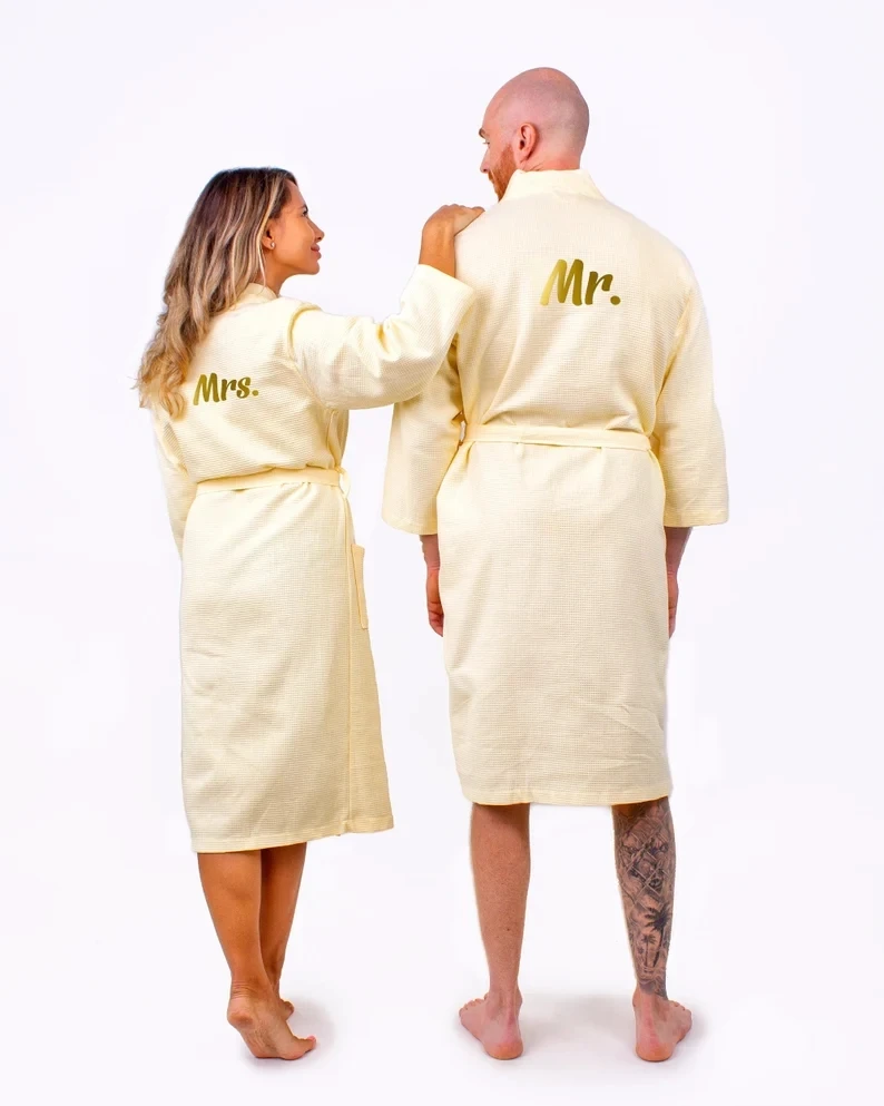 Waffled Cotton His And Hers Bathrobes With Collar Set For Couple 2 Mr And Mrs Robes Cotton Robes For Couple King Queen-Wafl Long