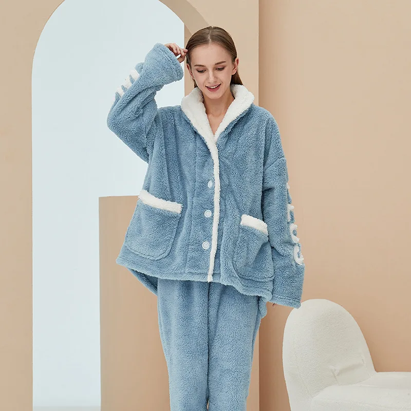 Warm Winter Thick Coral Fleece Pajamas Set For Women Plus Size Long Sleeve Trousers Letter Sleepwear Loungewear Couple 2022 New