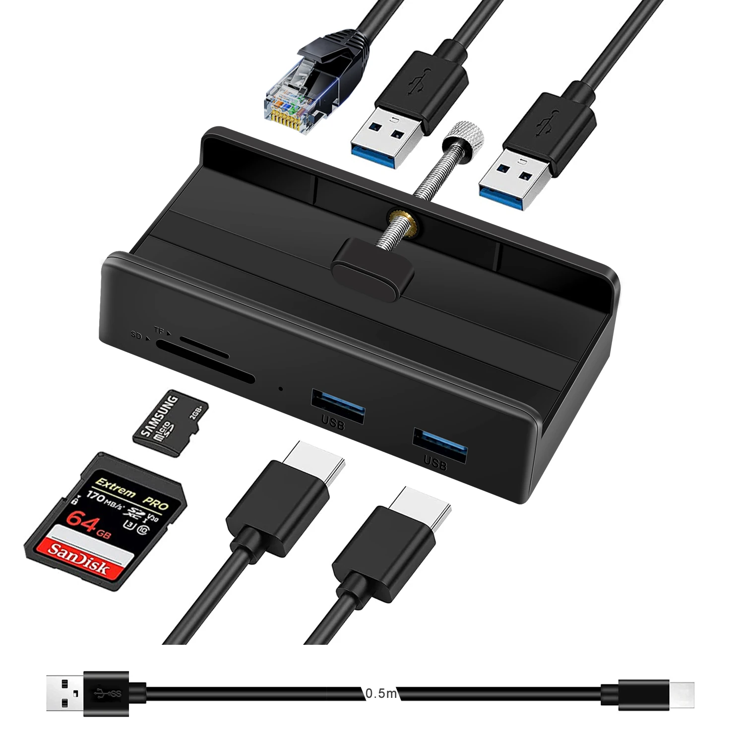

7 in 1 USB C Hub Clip-type HUB USB 3.0 Gigabit Internet TF/SD Clip Shape Type C Splitter For PC Accessories Clip Range 1-36mm