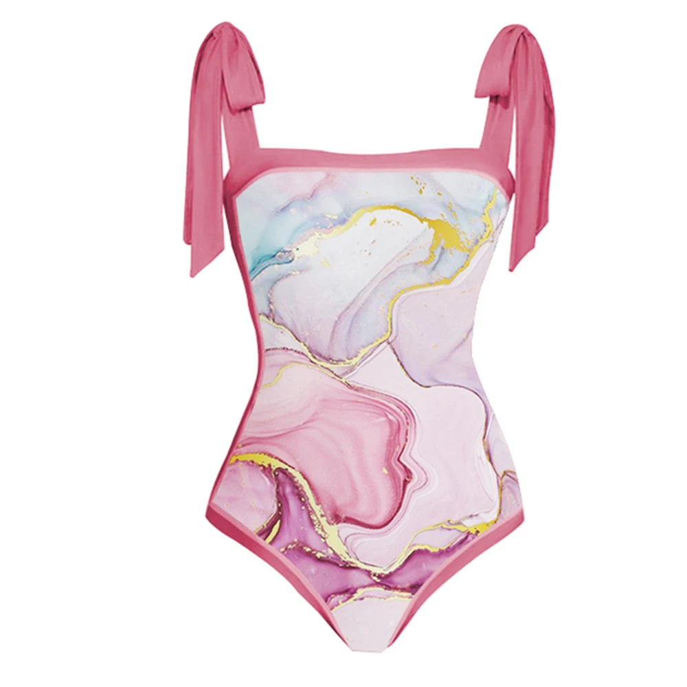 Pink One Piece Printed Bikini Suit Square Neck Strap Swimsuit Women's High Waist Seamless Stitching Beachwear Cover Up Push Ups