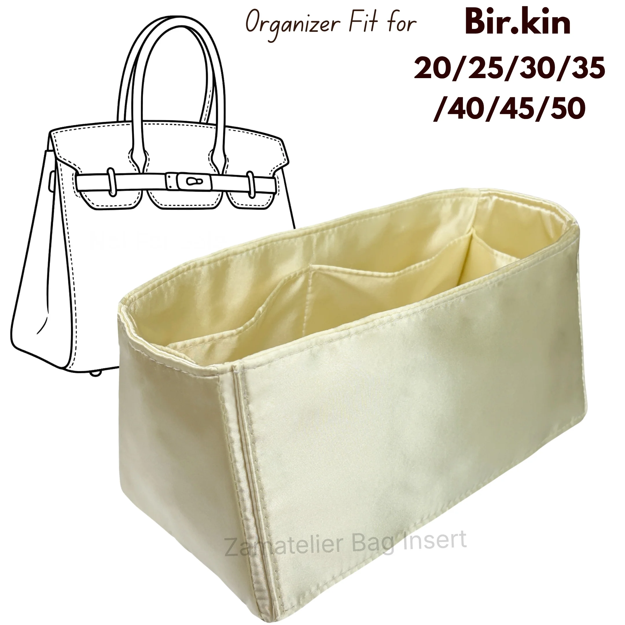 Фото Индивидуальный шелковый вкладыш для сумок Birkin 30/20/25/35/40/45/50, премиальный органайзер для сумок, атласный органайзер, защитный вкладыш-формователь для дна сумки №1