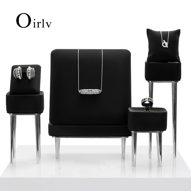 Oirlv Black Metal Jewelry Display Stand for Ring Necklace Jewelry Storage Rack Shop Cabinet Exhibited Prop with PU Leather