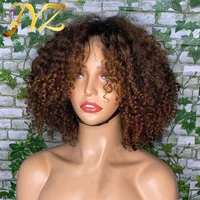 Ombre Blonde Kinky Curly 13x4 HD Transparent Lace Frontal Wig Short Bob Pixie Cut With Natural Bang T1B/27 Colored For Women JYZ