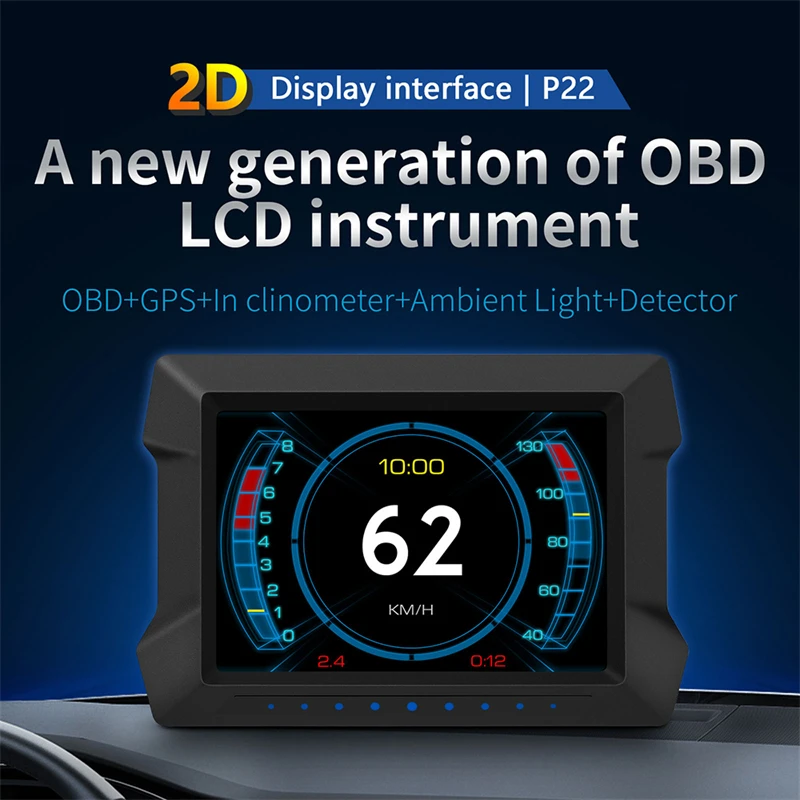 

P22 Dual System HUD OBD2 GPS Head Up Display Multifunt Car Alarm Speedometer Slope Tilt Meter With Overspeed Low Voltage Alarm