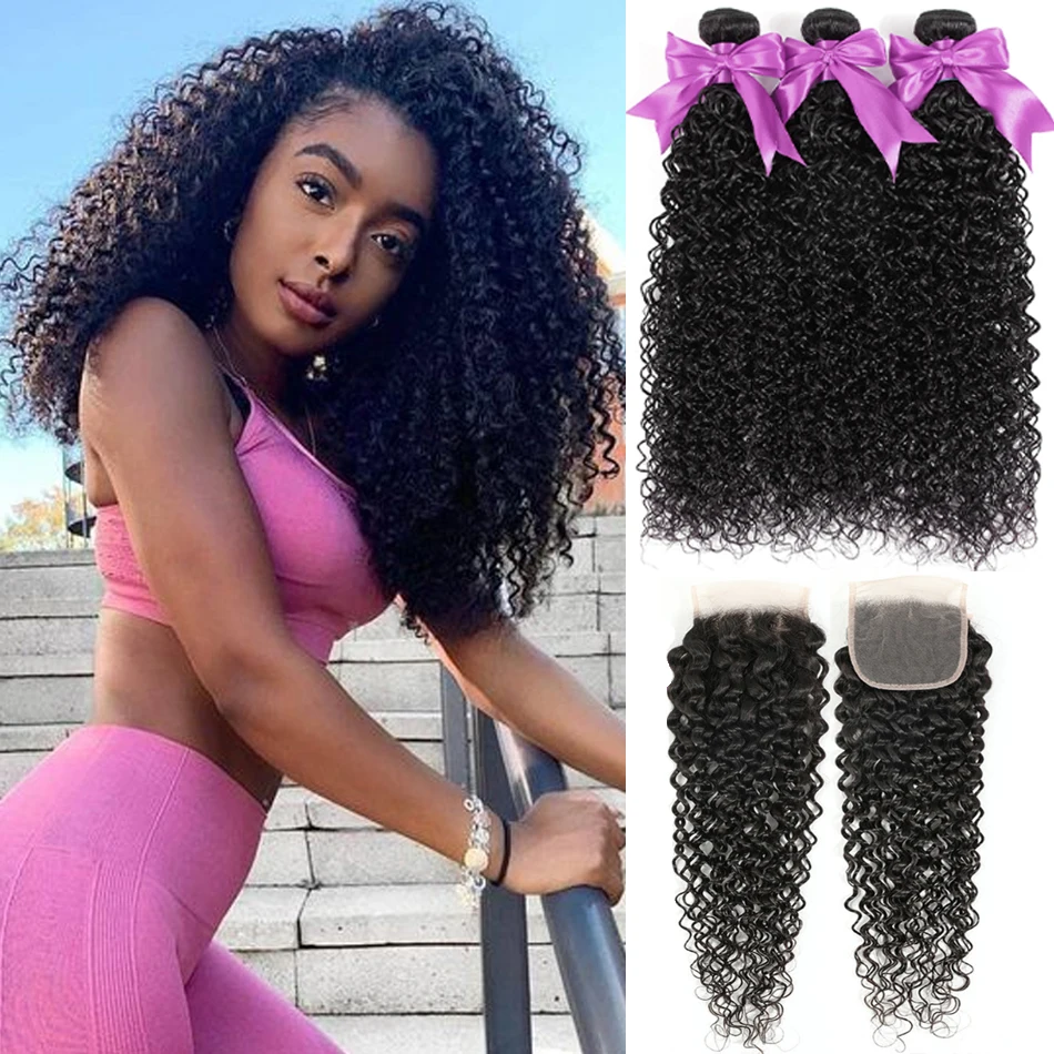 

Jerrly кудряпряди с застежкой 12A малазийские необработанные Реми 3 пряди застежкой глубокая вода кудрявые и 4x4 кружевные застежки