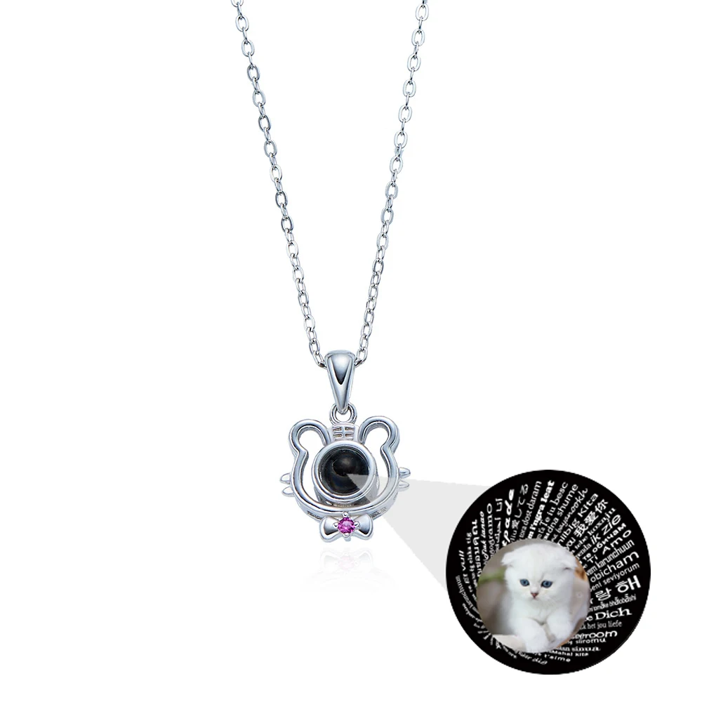 Custom Photo Projection Necklace S925 Silver Jewelry For Women Purple Rhinestone Inlay Cute Tiger Head Pendant Built-in Picture