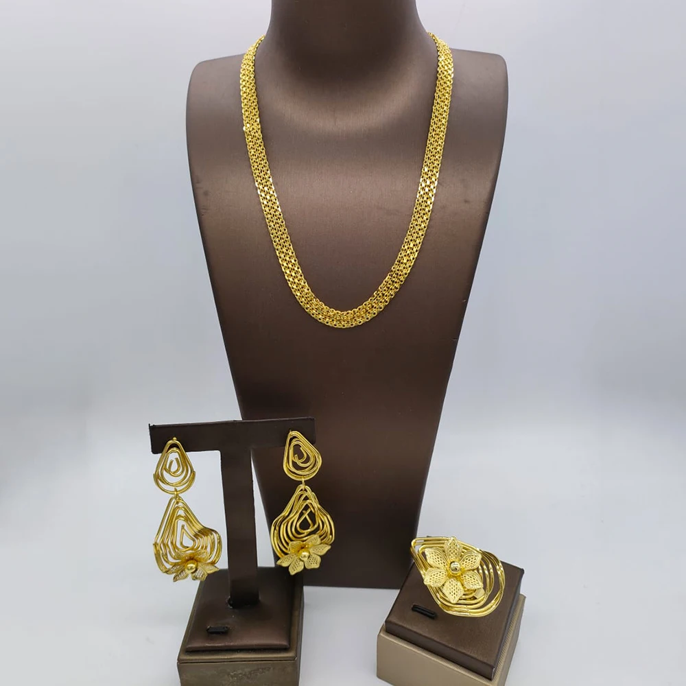 

Gold Plated Jewelry Set for Women Dangle Earrings Adjustable Ring with Chain Necklace for Weddings Party Jewelry Set Dubai Daily