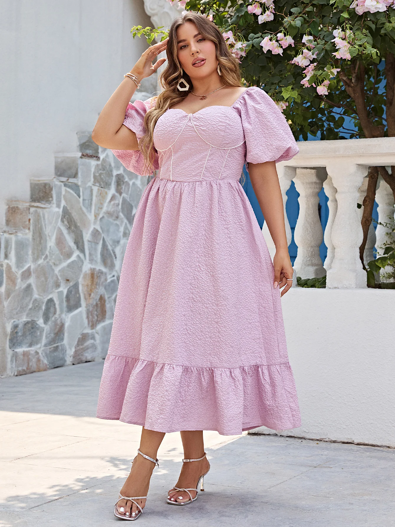 Simplee Plus Elegant puff sleeve corset women plus size party dress Sweet wedding even dresses Sash frills ruffle maxi vestidos
