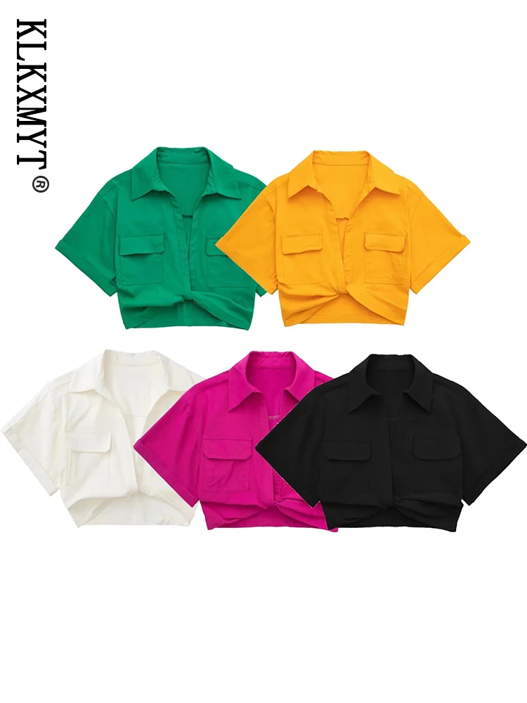 

KLKXMYT TRAF Women Shirt 2022 Fashion Front Knot Elastic Linen Cropped Shirts Vintage Short Sleeve Female Blouses Blusa Chic Top