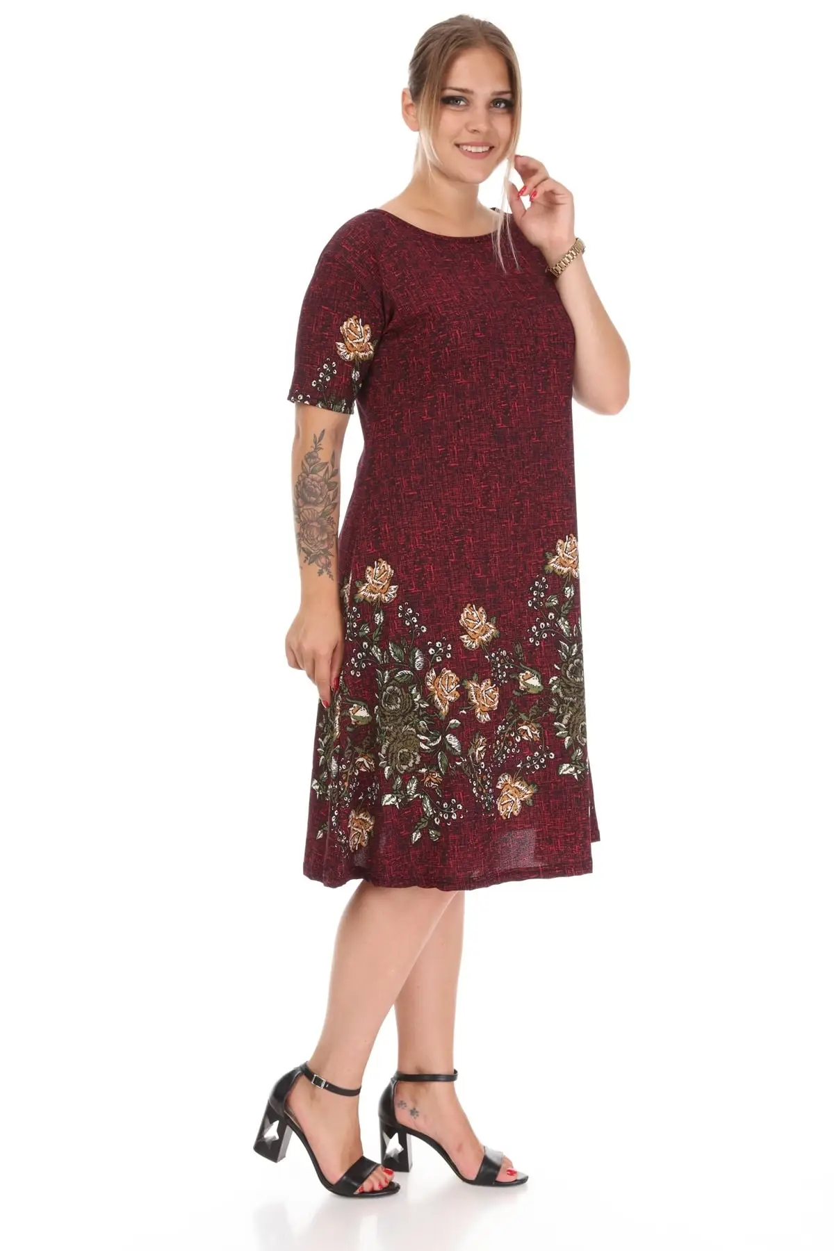 Plus Size Women's Dress Daily Burgundy Short Sleeve Patterned Crepe Round Neck Midi Length Lycra Viscose XL 2XL 3XL 4XL 5XL