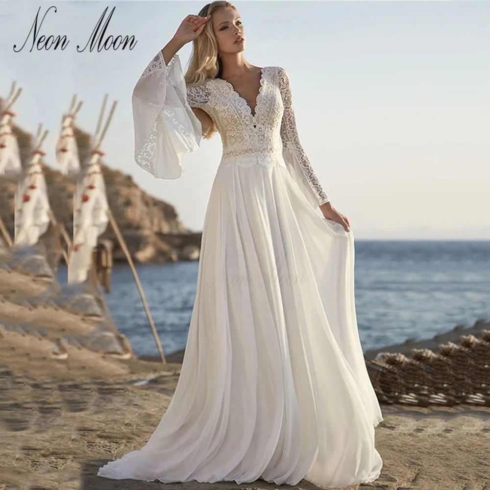 

Bohemian Lace Applique Chiffon Wedding Dresses Backless Long Sleeves V Neck A Line Boho Bridal Gown Vestidos De Novia