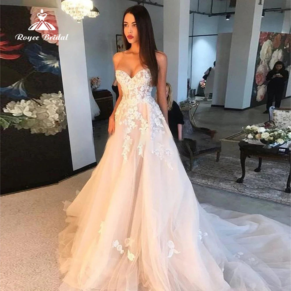 Свадебные платья цвета шампанского с открытыми плечами а-силуэт 3D аппликацией