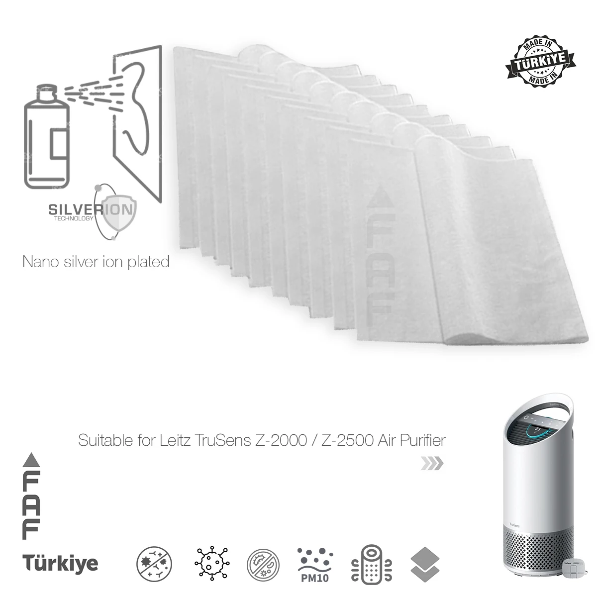 

10/Pcs / FAF / For Leitz TruSens Z-2000 Z-2500 Air Purifier Nano Silver Ion Coated, Electrostatic Dust Collector Pre-Filter