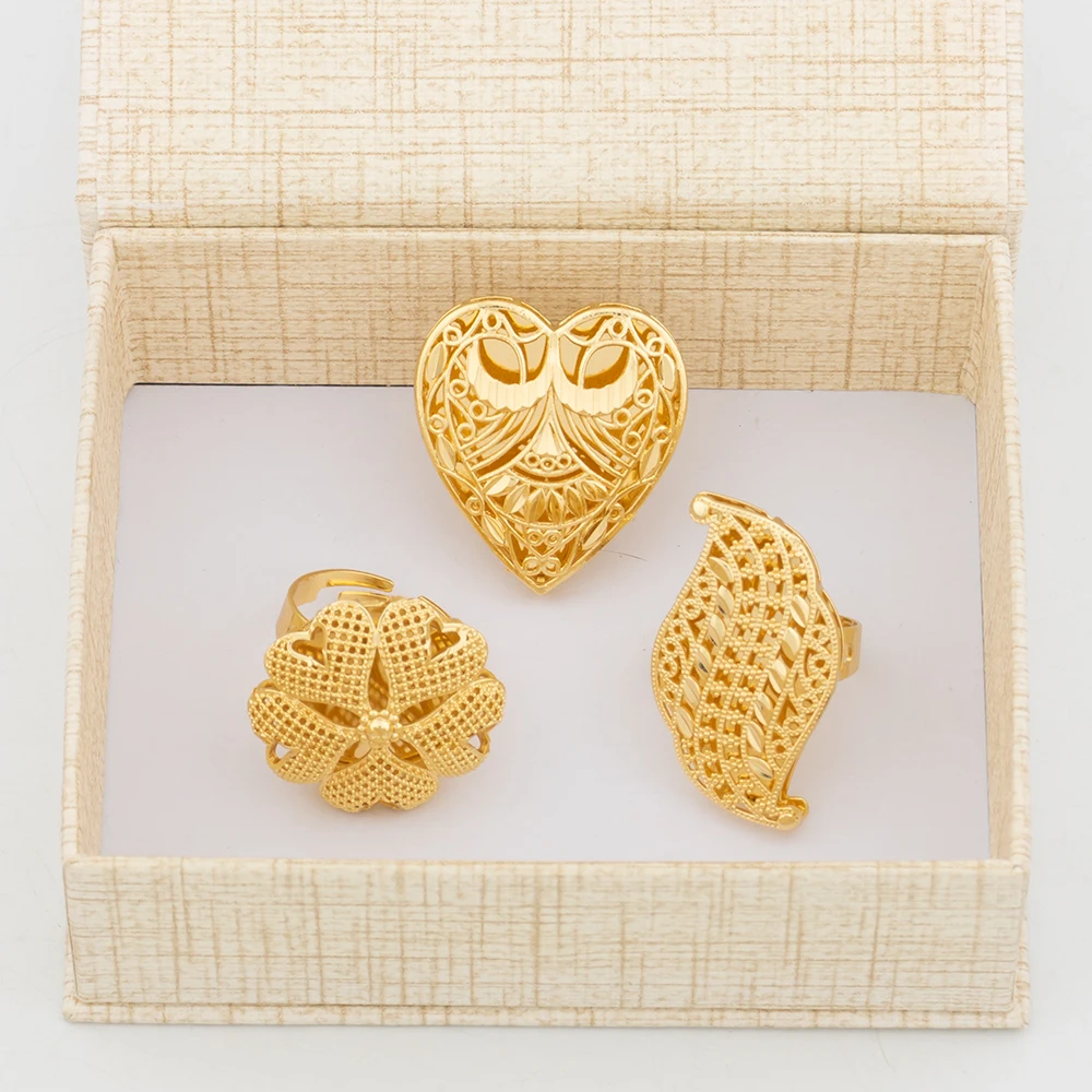 Italian Gold Color Rings Jewelry Set Hollow Out Design Finger Ring Dubai African Adjustable Flower Ring with Gift Box for Bride