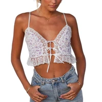 floral print lace patchwork bandage ladies camisole cropped top party club 2022 summer dress cute sweet holiday