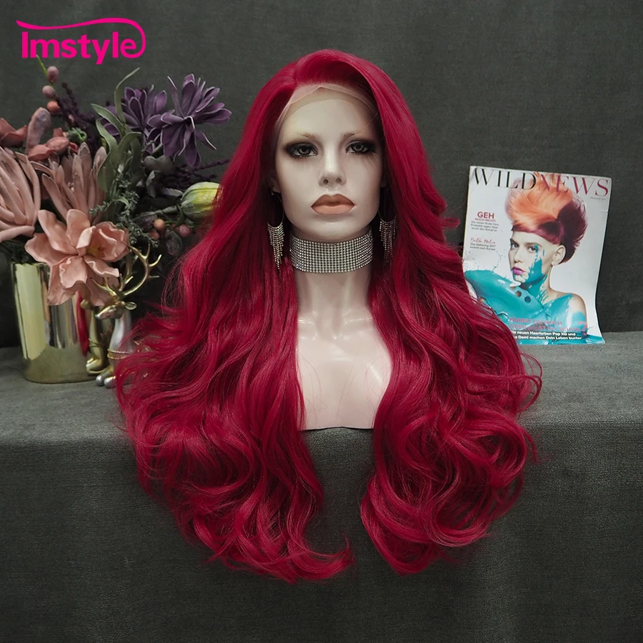 

Imstyle Rose Red Wig Lace Front Wig Synthetic Wig Natural Wavy Long Hair Cosplay Wigs For Women Heat Resistant Fiber Party Wigs