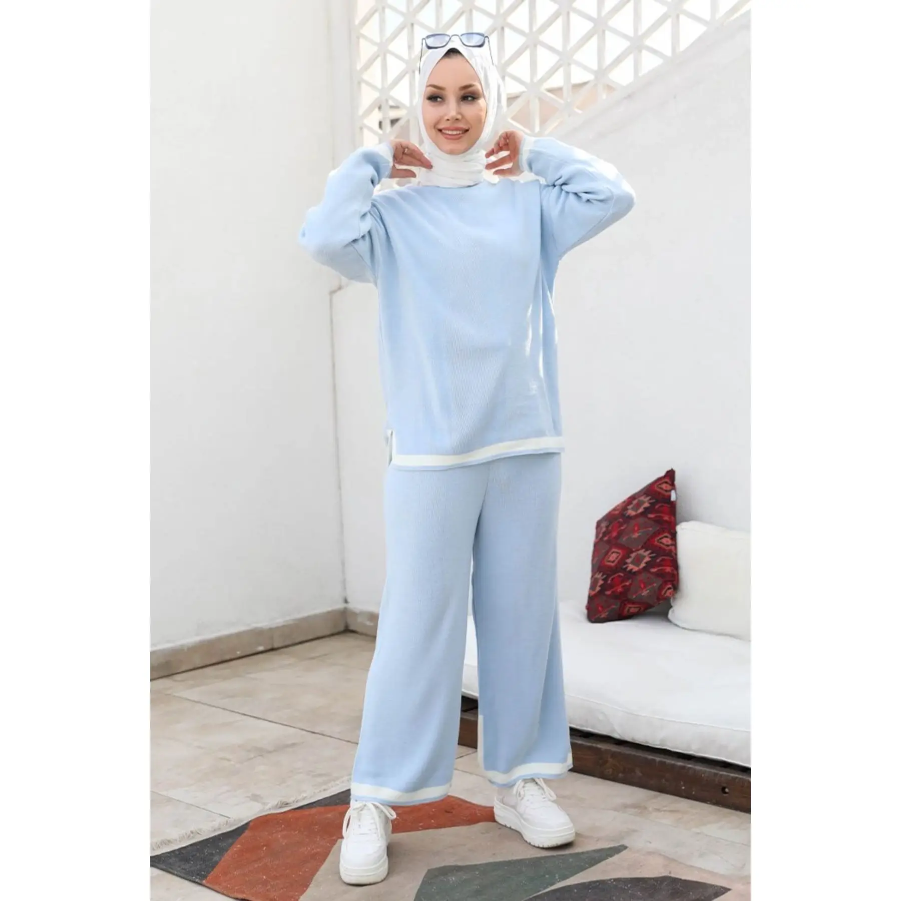 

2 Piece Women's Outwear Sports Set Knitted Stripe Detailed Long Sweater and Long Baggy Pant Sportive Muslim Set Turkey