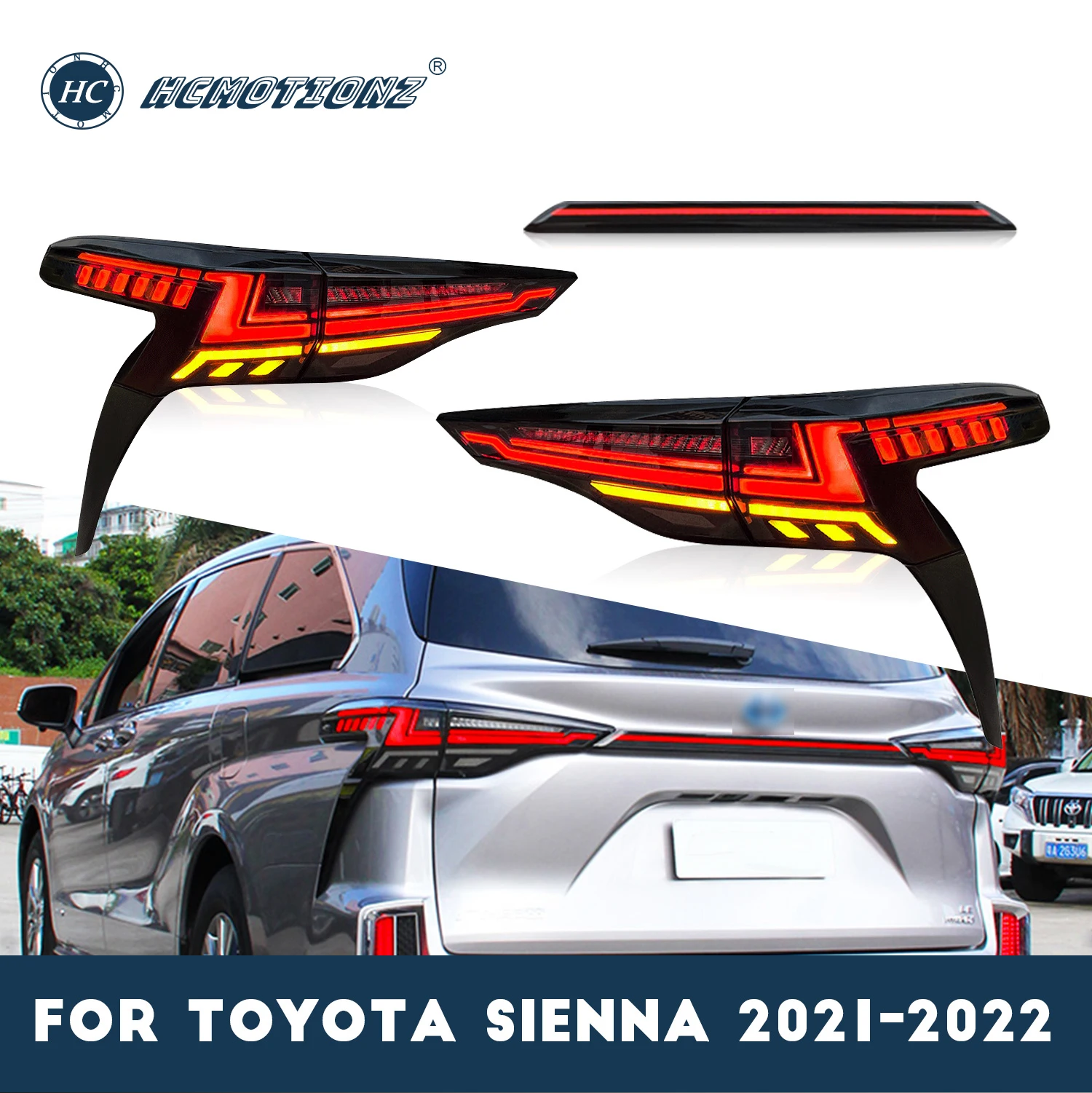 

Задние фары автомобиля HCMOTIONZ светодиодный для 2021-2022 Toyota Sienna, дымчатые задние фары DRL в сборе, аксессуары для задних фар автостайлинга
