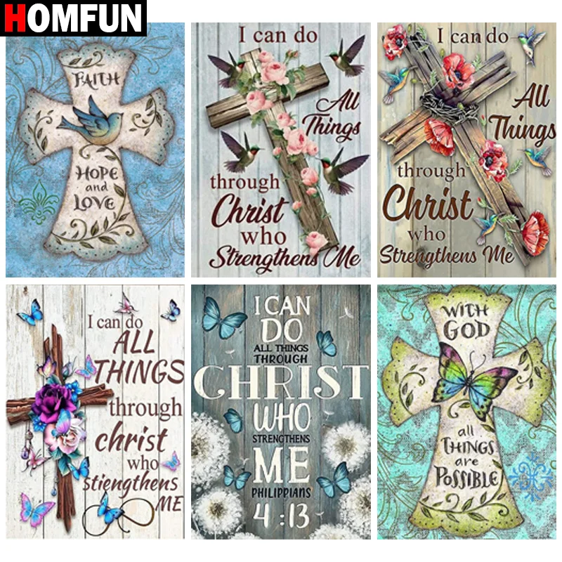 

HOMFUN "Scenery Text Cross" Diamond Painting 5D Full Square/Round Drill Home Decor DIY Diamond Embroidery Cross Stitch