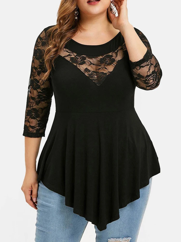 

Plus Size Openwork Floral Lace Blouse for Women Sexy Tunic fashion Solid Summer Clothing Ladies Irregular Ruffle Tops