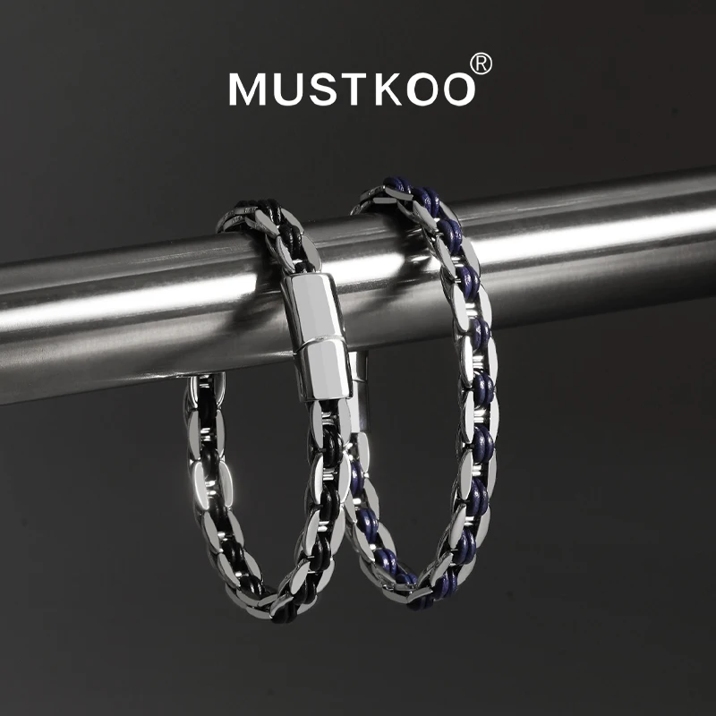 MUSTKOO Классический кожаный плетеный браслет из титановой стали 20см. Браслет