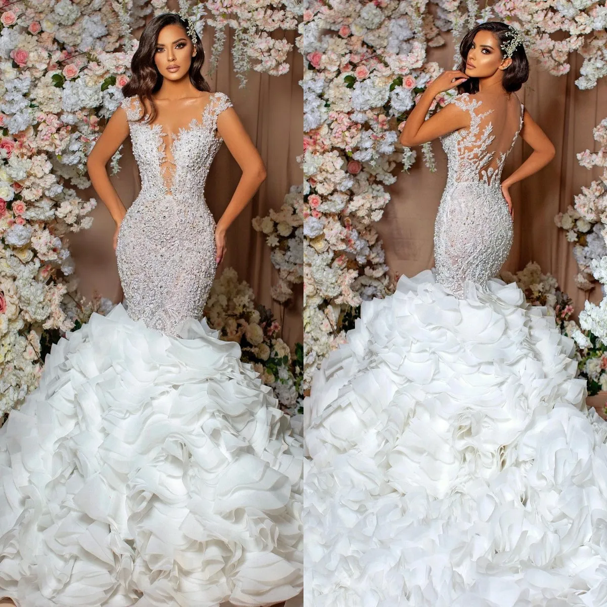 

Luxury Tiered Ruffles Skirts Wedding Dress Mermaid Lace Appliqued Beading Sequined Bridal Gowns Country Plus robes de mariée