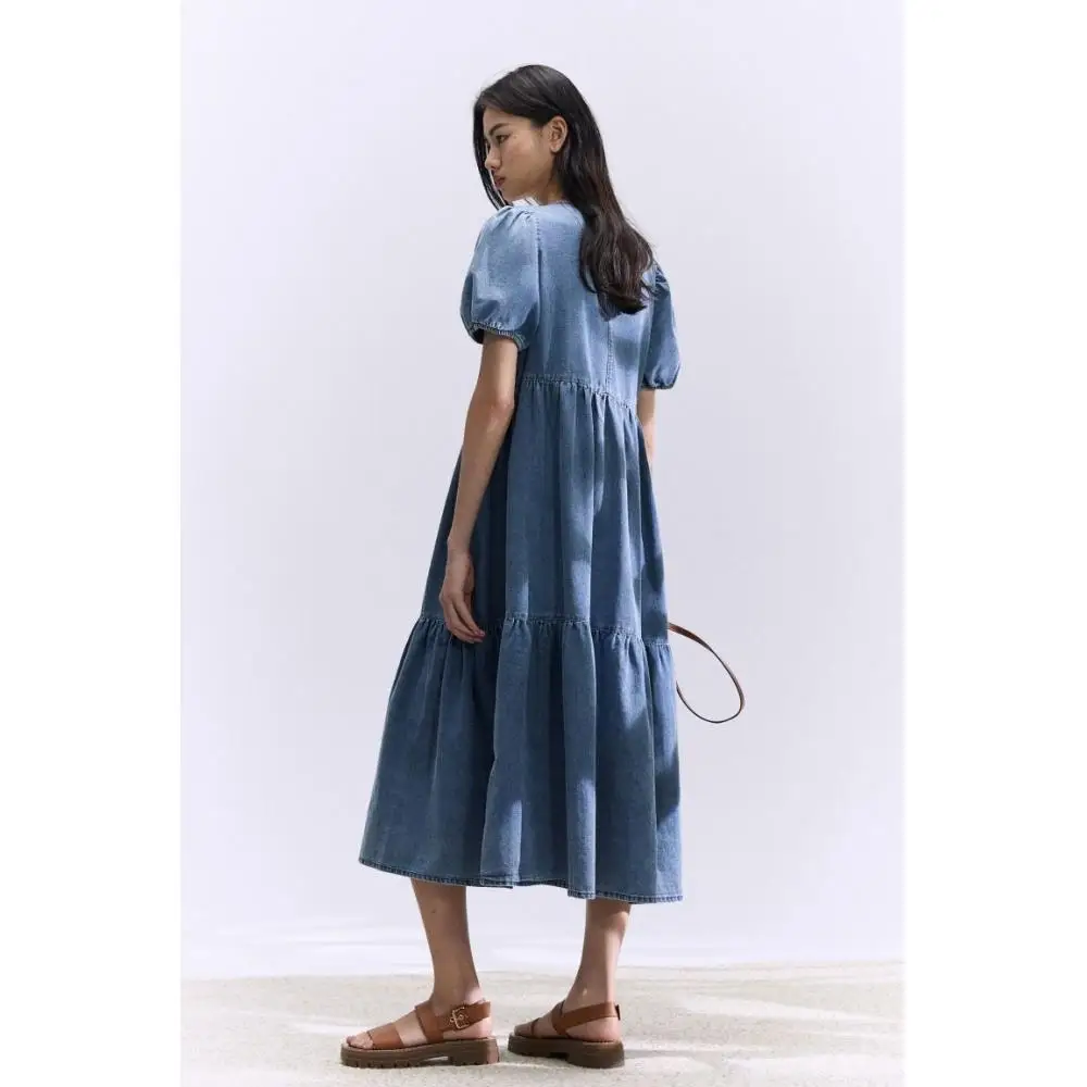 Платье H M с пышными рукавами из джинсовой ткани синего цвета