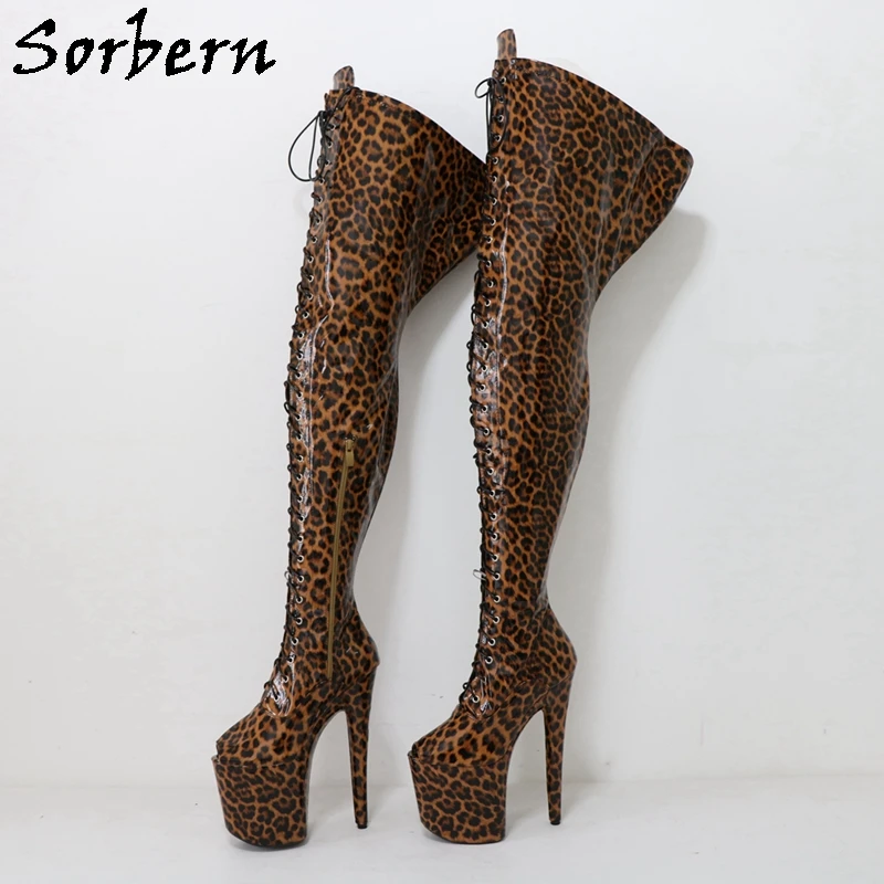 

Sorbern Customized Wide Leopard Boots Unisex Mid Thigh High Open Toe Pole Dance Stripper High Heels 20Cm 15Cm 17Cm 23Cm