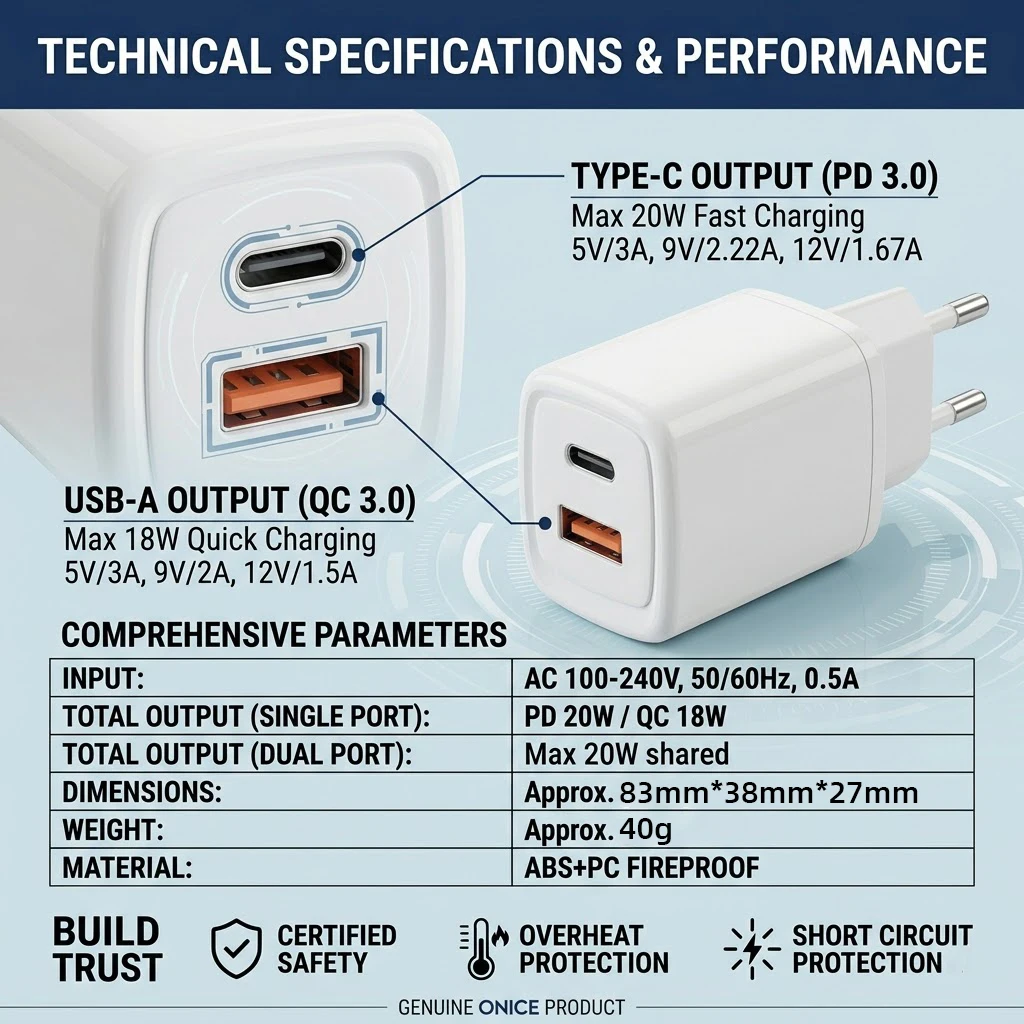 Фото Зарядный комплект для iPhone: 20W двухпортовое зарядное устройство USB A Type C PD QC, блок питания EU с кабелем для iPhone 17, 16, 15, 14, 13, 12, 11 Pro №5