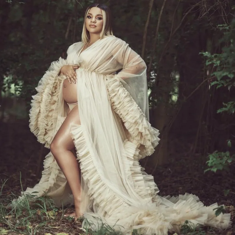 

Elegant Ivory Maternity Dresses Sexy V Neck Long Sleeves Pregnant Women Gown for Photoshoot Pregnancy Puffy Ruffles Babyshower