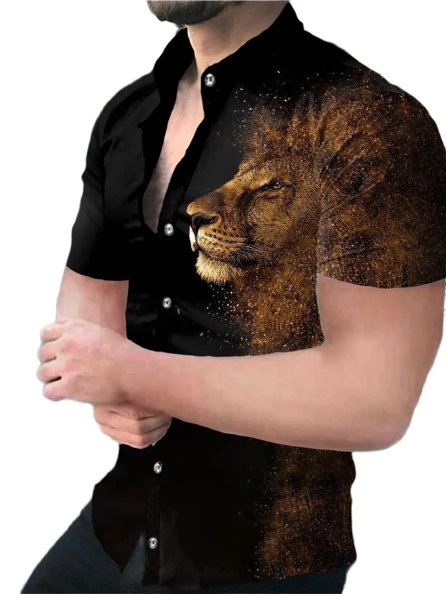 

3D Printed Short Sleeve Shirt with Clear Lion Graphics Versatile Casual Lapel Short Sleeve Shirt Striped Casual Cardigan Shirt