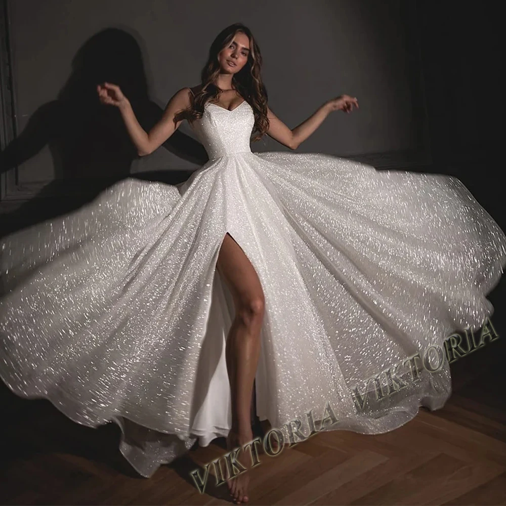 

VIKTORIA Shininy Wedding Dress Side Slit Spaghetti Strap For Women Mariages Bride A-LINE Appliques Vestido De Novia Custom Made