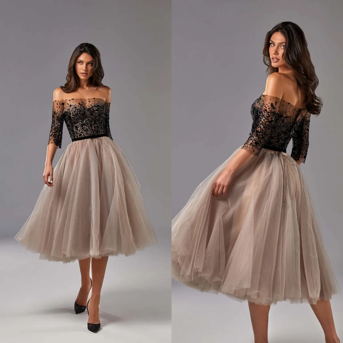 

Элегантные черные платья с бусинами для выпускного вечера, Тюлевое платье макси до колена, вечерние платья, платье для гостей свадьбы