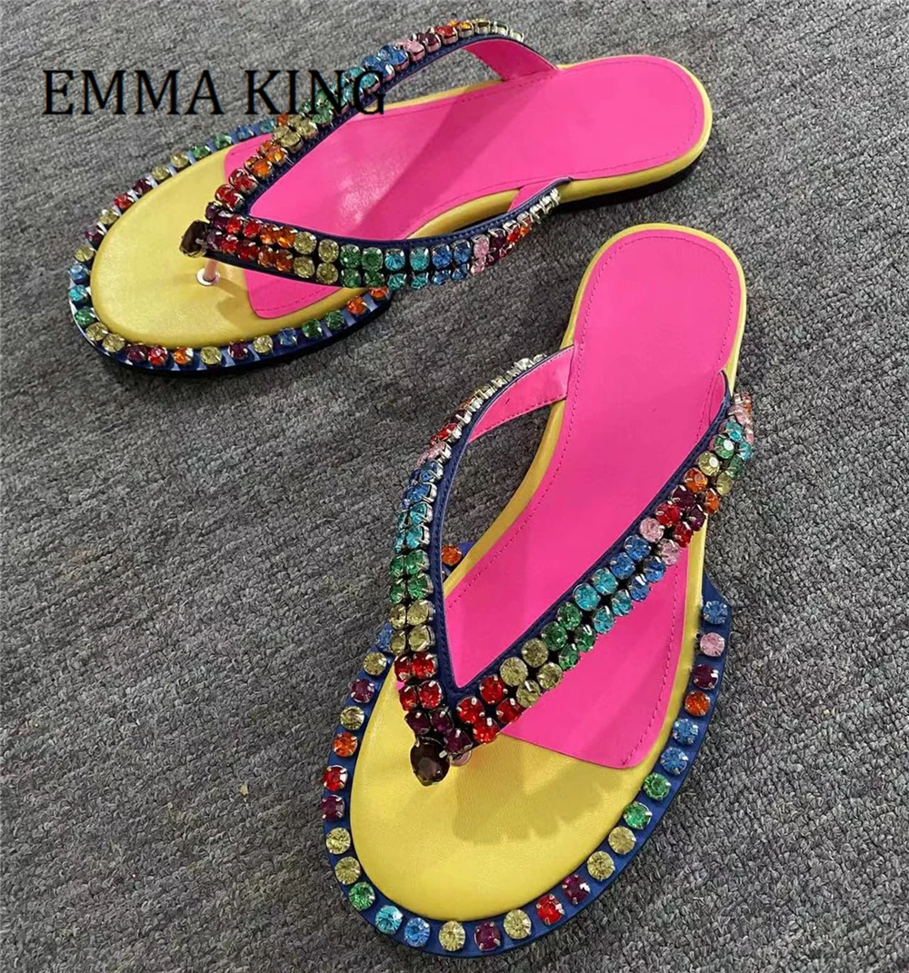 

Summer Women Multicolor Crystal Slippers Female Flat Heels Sandals Ladies Party Wedding Dress Shoes Women Casual Beach Flip Flop