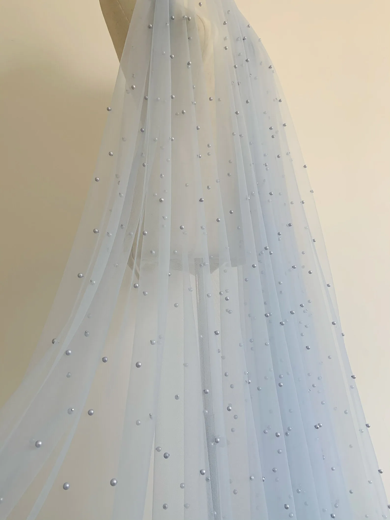 

Tulle Fabric with Pearls for Dress and Veil Light Blue 3 yards