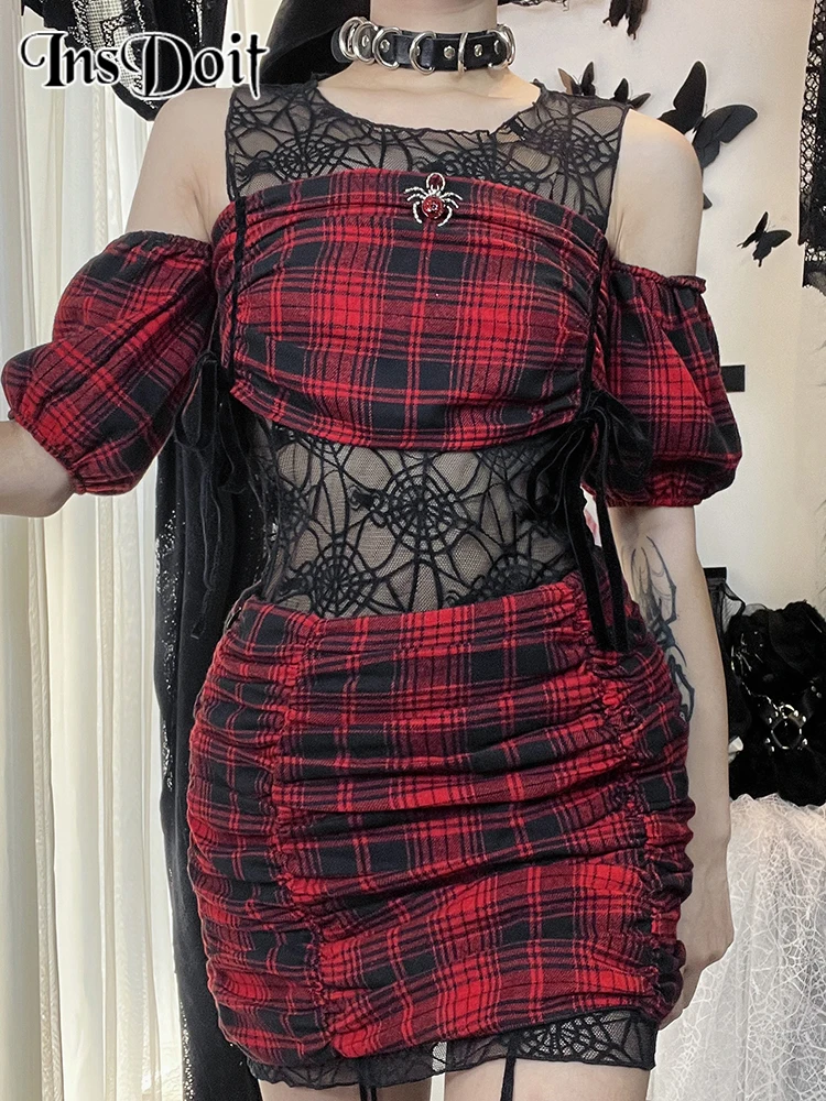 

InsDoit Gothic Plaid Sexy Summer Skirt Set Women Puff Sleeve Bandage Crop Top Spider Web Tank Tops Ruched Slim Skirts 3pcs Sets