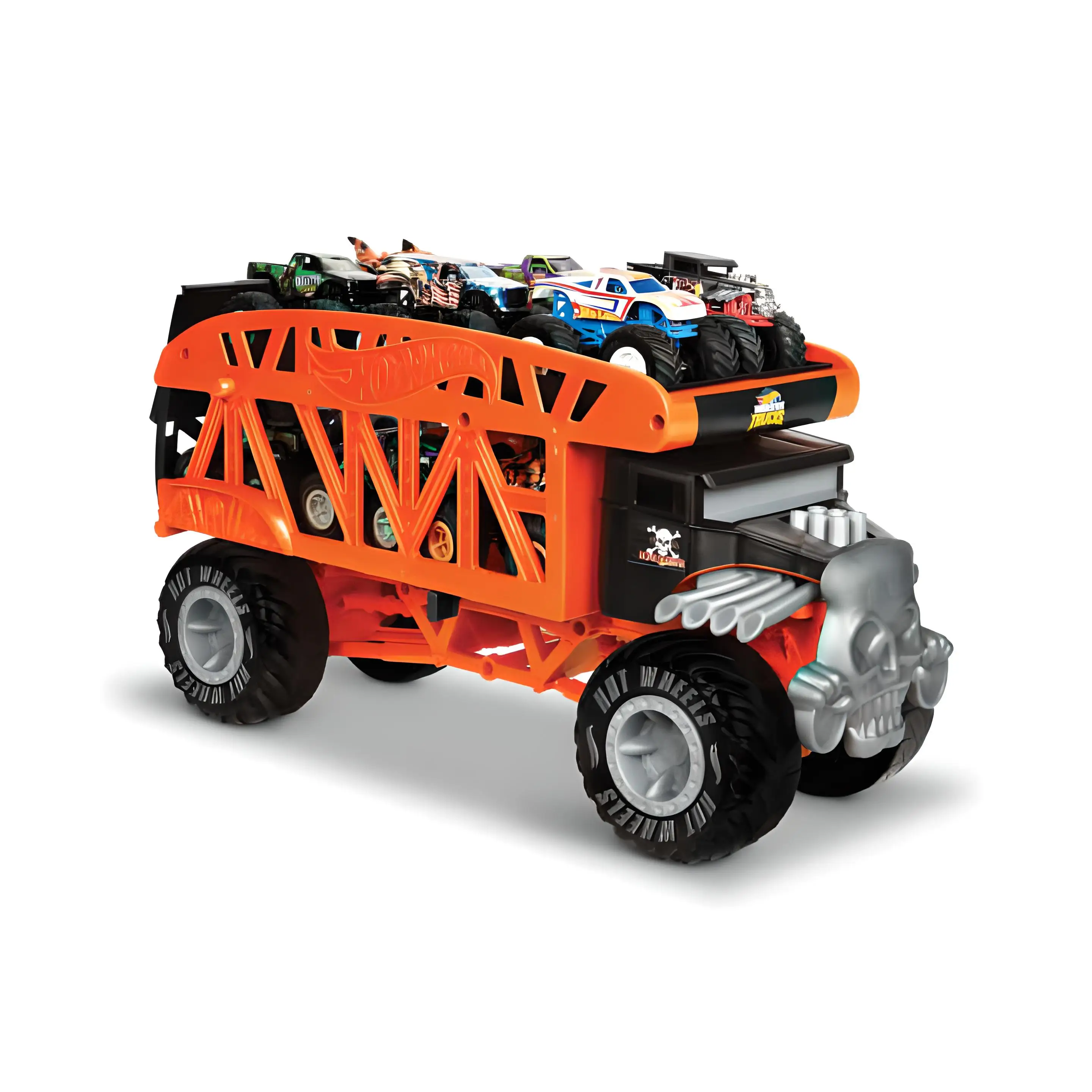 

Hot Wheels Monster Trucks Carrier Truck, 12 PCS 1:64 Scale Car Capacity, giant Tires and Stylish Appearance, Flamed Design