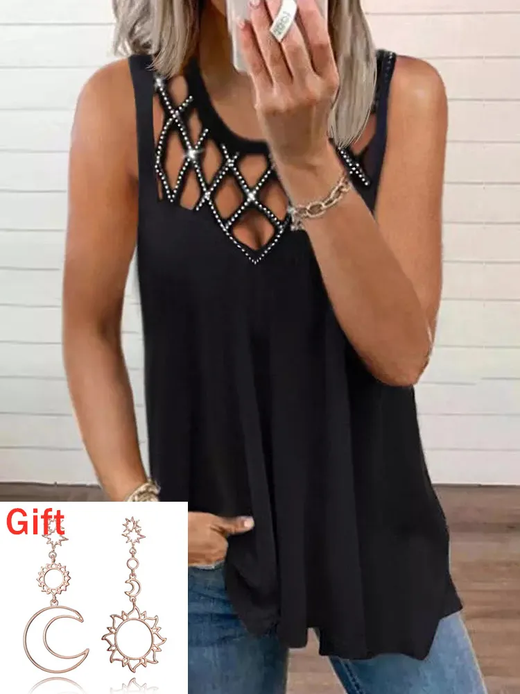 

Hollow Out Rhinestone Tank Top Summer Sleeveless T-shirt Casual V-neck Sexy Crop Tops Summer Women Clothes y2k clothes