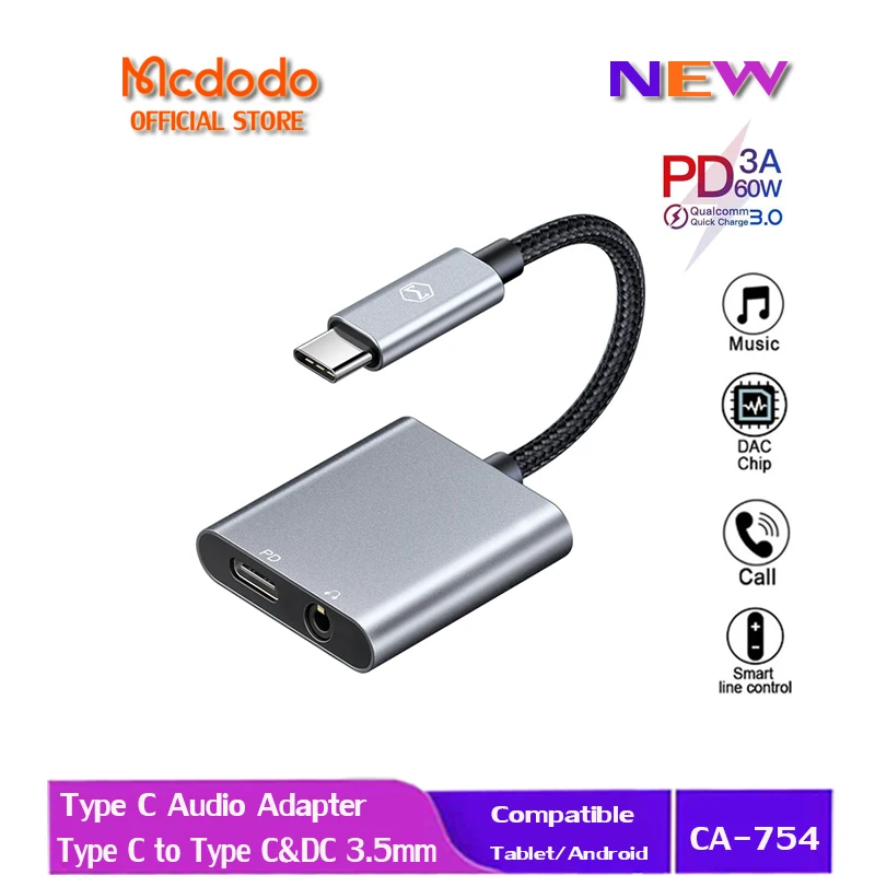 

Mcdodo 60W PD USB C to 3.5mm+Type-C Headphone Audio Adapter DAC Hi-Res Aux Cable For iPad Pro Macbook Samsung Huawei Fast Charge