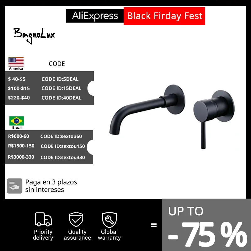 Bathroom Faucet Mixer Sink Tap Wash Basin Matte Black Hot And Cold  Water Wall Mount Spout Bath With Modern Lever Handle 1085